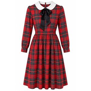 Vintage Lanz Originals Red Tartan Plaid Dress Size 12 Cotton USA Holiday Bow